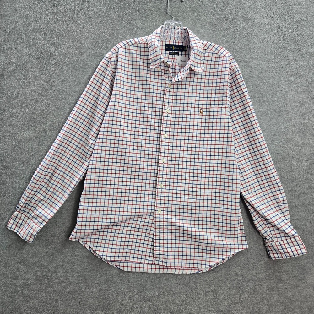 Ralph Lauren Men Button Up Shirt XL White Check Slim Fit Stretch Oxford Logo